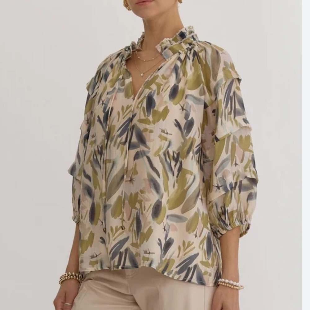 Entro Women Abstract Print Ruffle Neck Tiered Sleeve Blouse Green Blue Medium